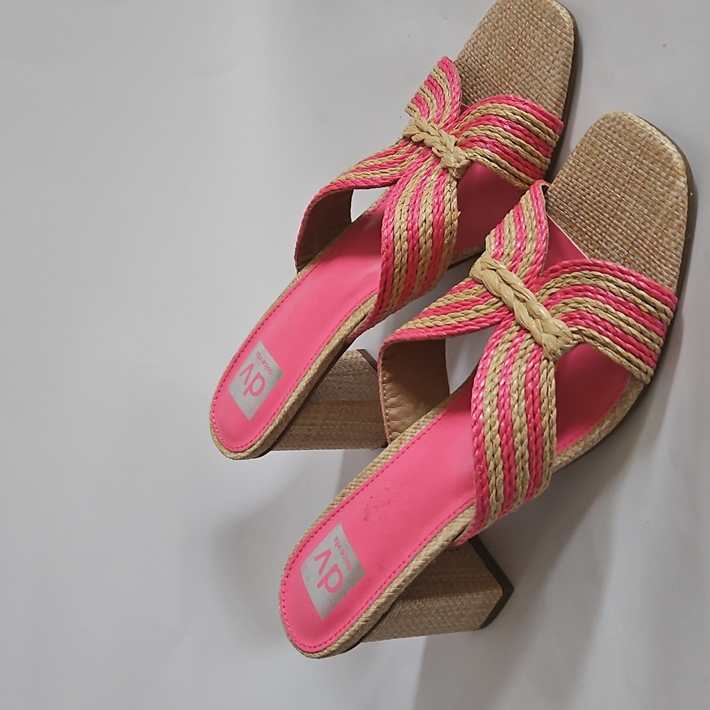 New Dolce Vita Haady Woven Rattan Block Heel Tan And Pink Sandal Size 10 View 3